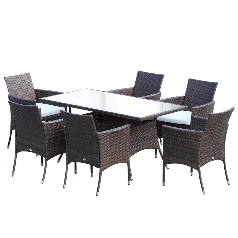 Brown Rattan Dining Set with Cushions, Rectangular Glass Top Table & 6 Armchairs 6 Seater