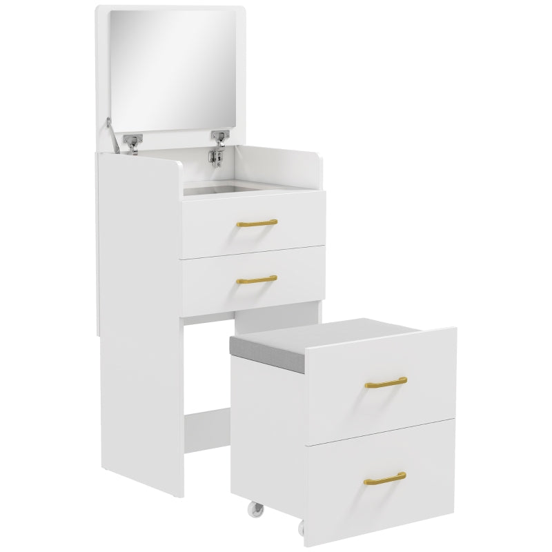 Makeup Vanity with Flip Mirror, Storage Stool & Side Hook, White