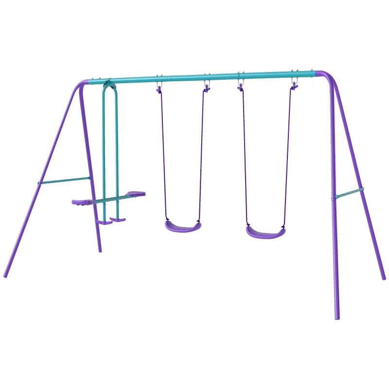 Sturdy Metal Swing Set with Adjustable Height Seesaw for Children 3+ Purple