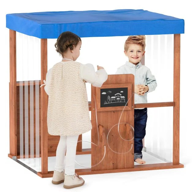 Kids Wooden Gas Station Playset with Canopy and 2 Simulation Fuel Guns