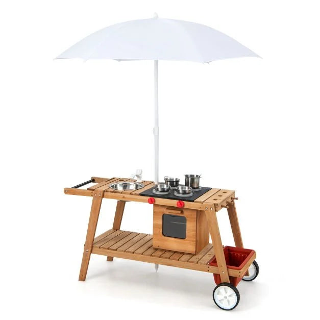 Wooden Kids Play Trolley with Umbrella, Storage Cabinet, and Pretend Play Accessories