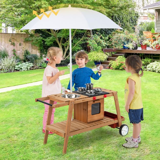 Wooden Kids Play Trolley with Umbrella, Storage Cabinet, and Pretend Play Accessories