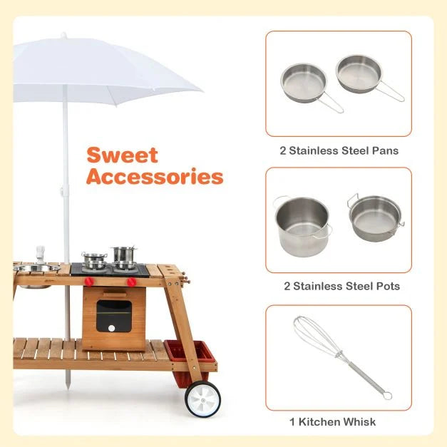 Wooden Kids Play Trolley with Umbrella, Storage Cabinet, and Pretend Play Accessories