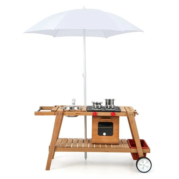 Wooden Kids Play Trolley with Umbrella, Storage Cabinet, and Pretend Play Accessories