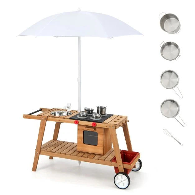 Wooden Kids Play Trolley with Umbrella, Storage Cabinet, and Pretend Play Accessories