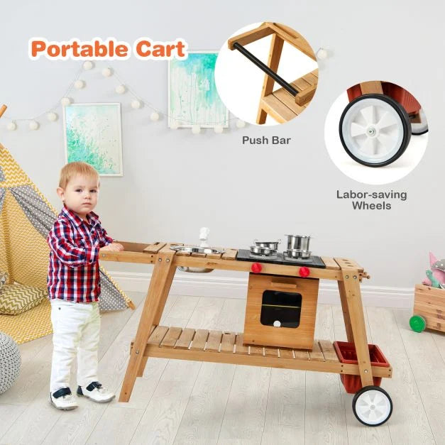 Wooden Kids Play Trolley with Umbrella, Storage Cabinet, and Pretend Play Accessories