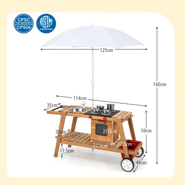 Wooden Kids Play Trolley with Umbrella, Storage Cabinet, and Pretend Play Accessories