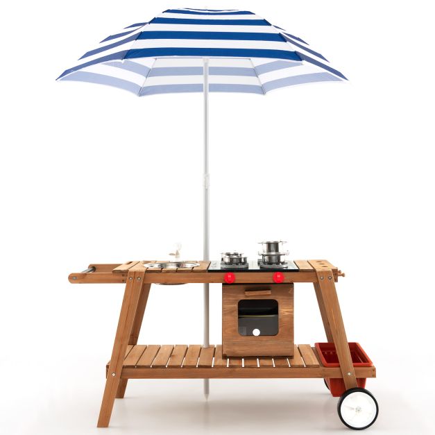 Wooden Kids Play Trolley with Umbrella, Storage Cabinet, and Pretend Play Accessories