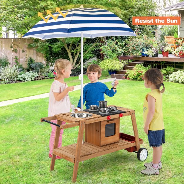 Wooden Kids Play Trolley with Umbrella, Storage Cabinet, and Pretend Play Accessories