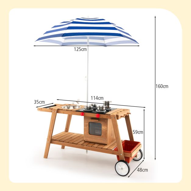 Wooden Kids Play Trolley with Umbrella, Storage Cabinet, and Pretend Play Accessories