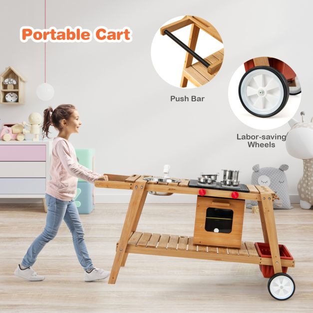 Wooden Kids Play Trolley with Umbrella, Storage Cabinet, and Pretend Play Accessories