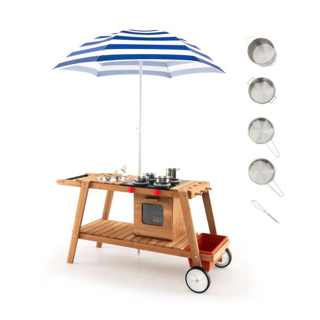 Wooden Kids Play Trolley with Umbrella, Storage Cabinet, and Pretend Play Accessories