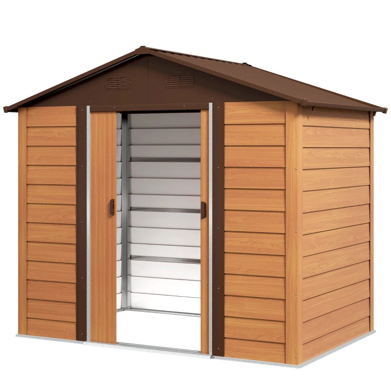 Galvanised Steel Garden Shed with Brown Wood-Effect Finish, Durable & Weather-Resistant, 6x8ft