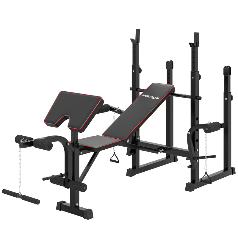 Black Weight Bench with Barbell Racks & Curl Station