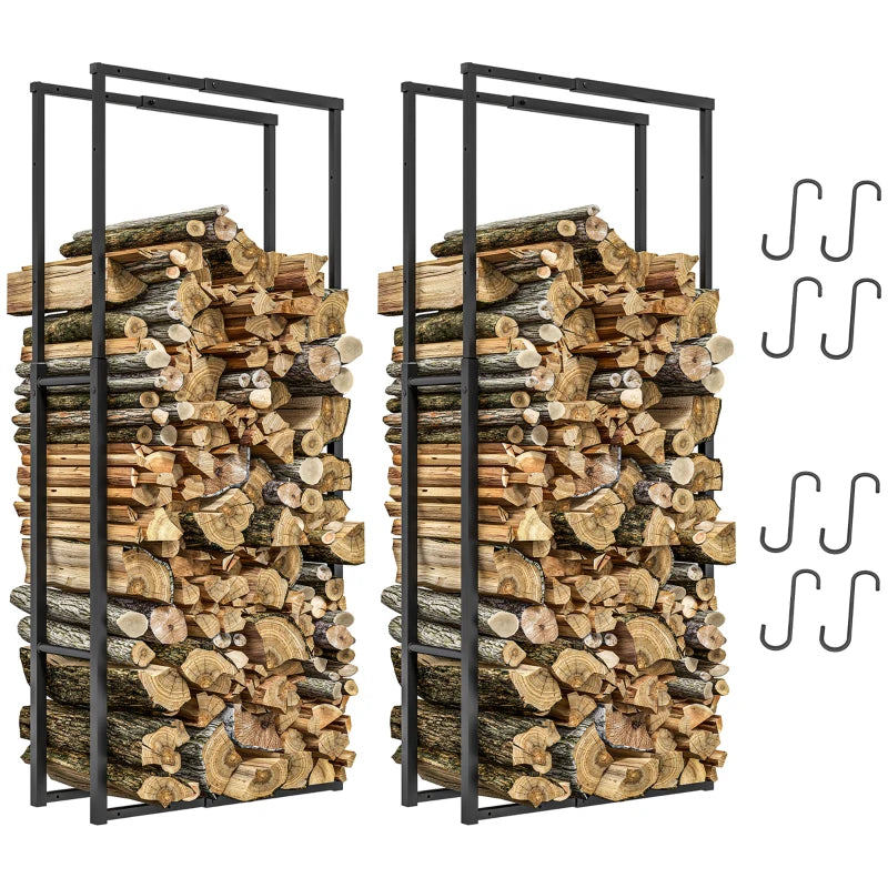 Metal Firewood Rack Set of 2 with Retractable Design and Hooks, Black, 65x25x150 cm