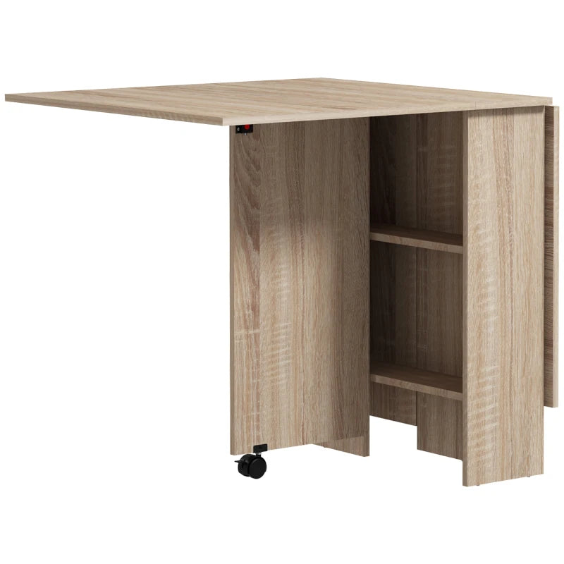 Drop Leaf Folding Dining Table, Natural Finish, 2-Tier Shelves & Wheels
