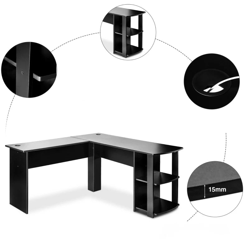 L-Shaped Home Office Desk with Storage – Black, Easy Assembly