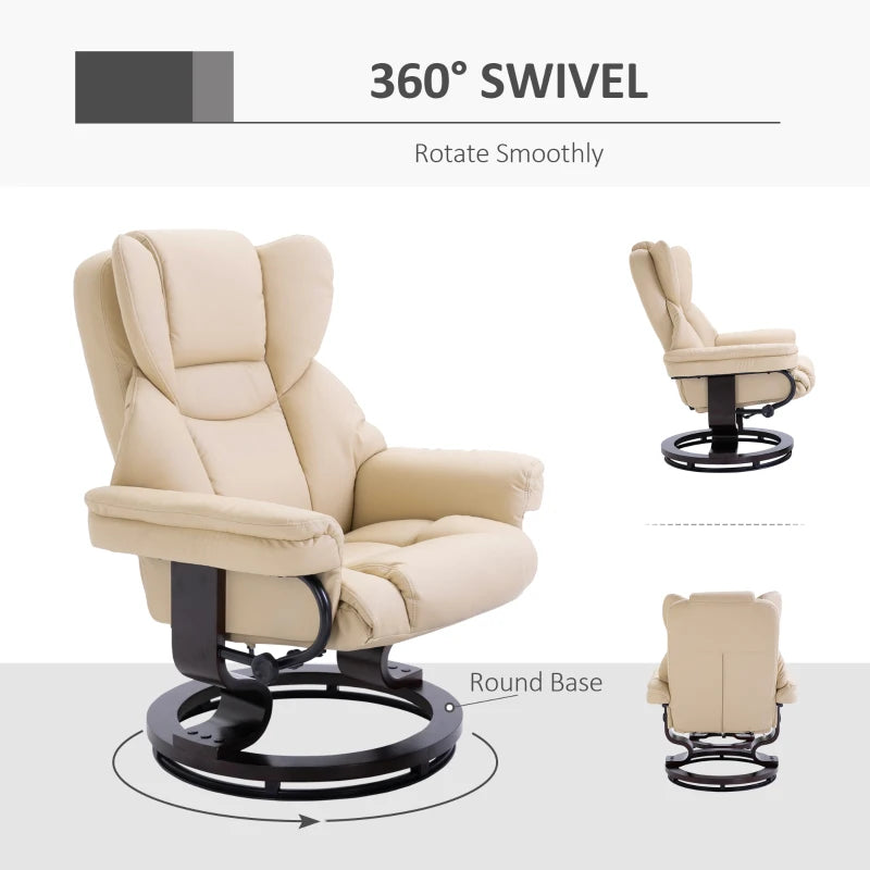 PU Leather Recliner Chair – 360° Swivel with Footstool, Cream, Wood Base