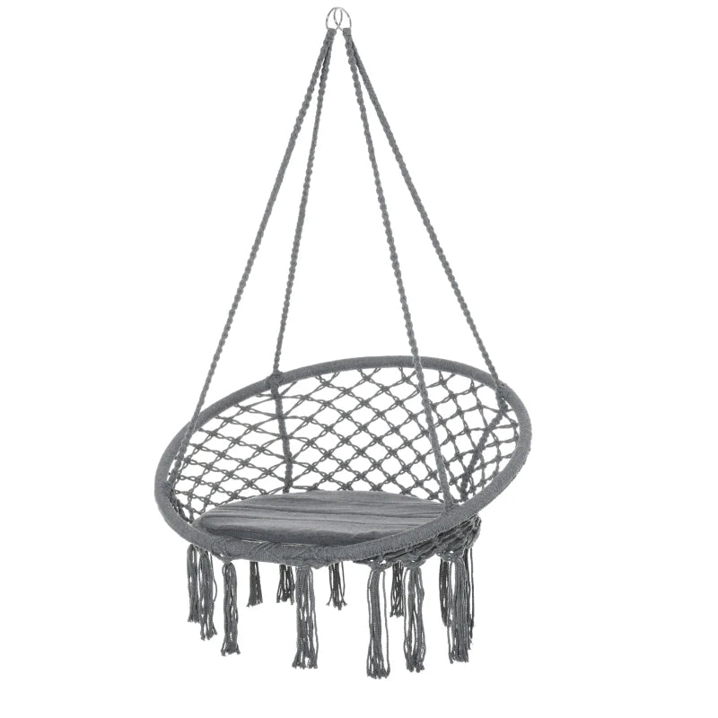 Cotton-Polyester Blend Macrame Hanging Chair with Cushion for Outdoor Use Grey