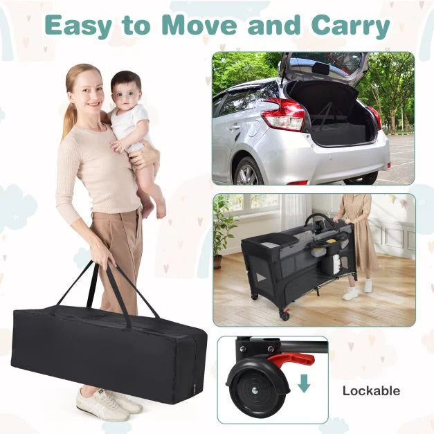 Foldable Pack & Play with Adjustable Heights and Changing Table