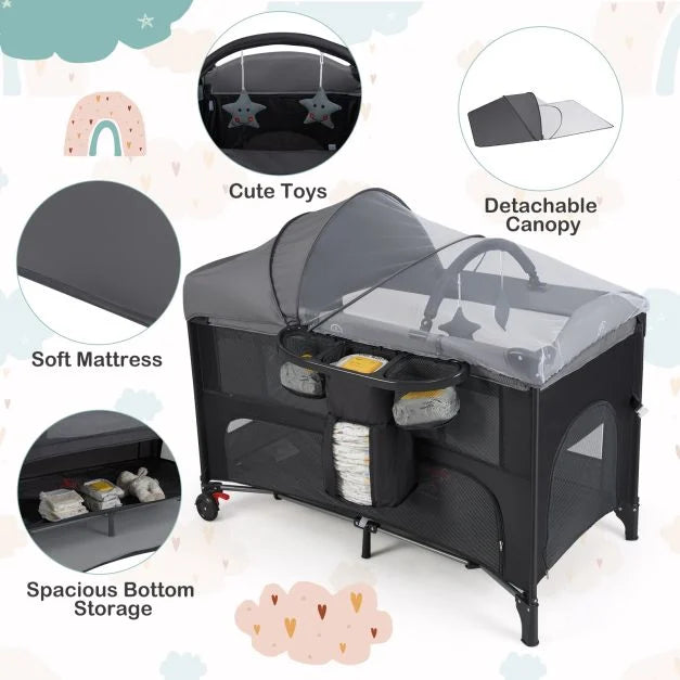 Foldable Pack & Play with Adjustable Heights and Changing Table