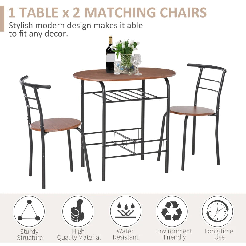 3-Piece Dining Set, Table with Shelf & 2 Chairs, Metal & Wood