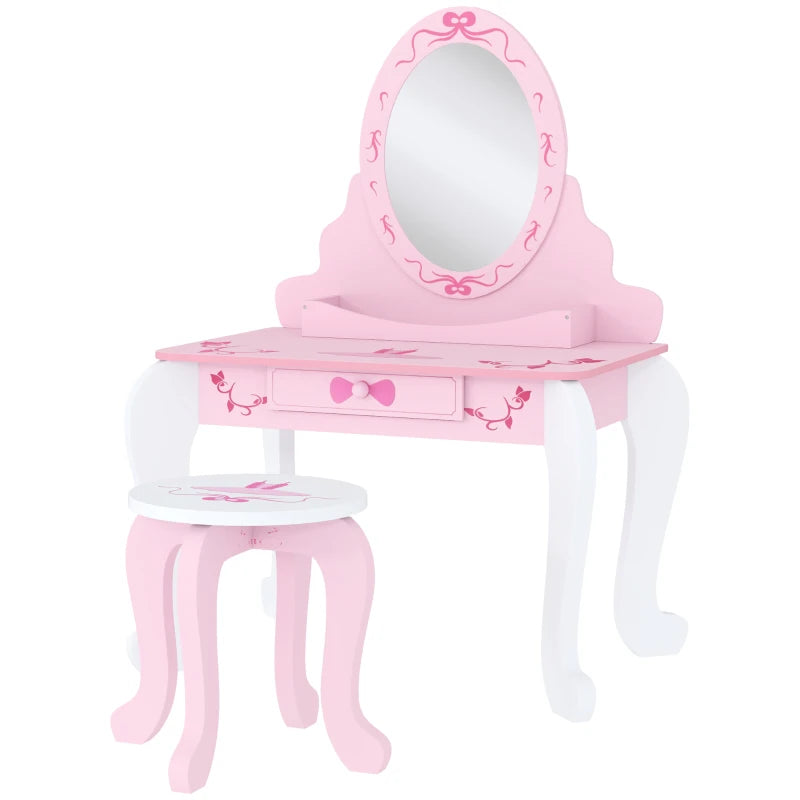 Kids Vanity Set, Pink Dressing Table with Drawer, Mirror & Stool
