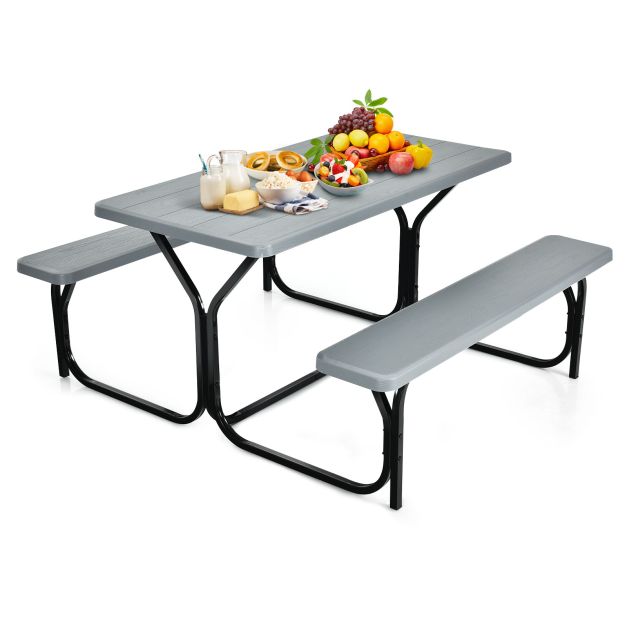 Durable Picnic Table Set with Wood Seats and Metal Frame