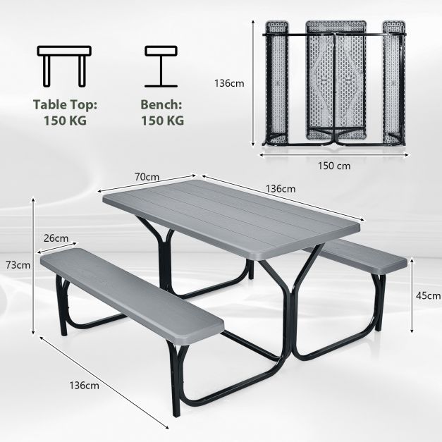 Durable Picnic Table Set with Wood Seats and Metal Frame
