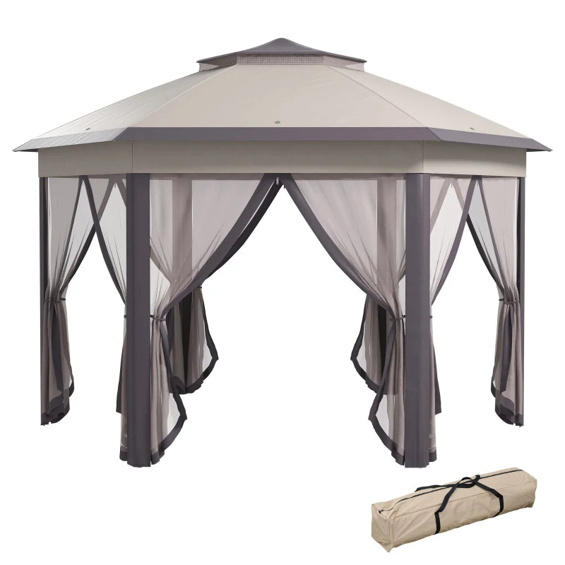 Beige Pop Up Gazebo with Netting, Double Roof & Carry Bag for Patio Parties, 3 x 4m