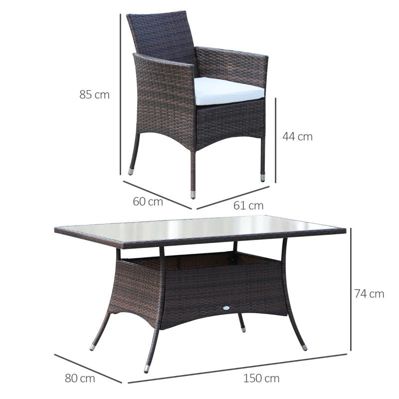 Brown Rattan Dining Set with Cushions, Rectangular Glass Top Table & 6 Armchairs 6 Seater
