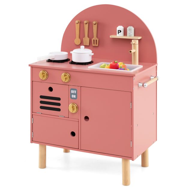 Wooden Kids Play Kitchen with Stove, Faucet & Pretend Cooking Fun