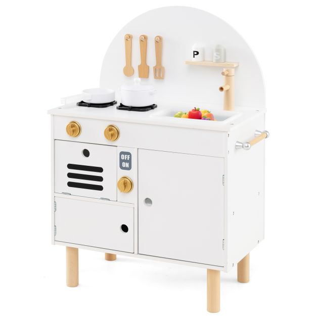 Wooden Kids Play Kitchen with Stove, Faucet & Pretend Cooking Fun
