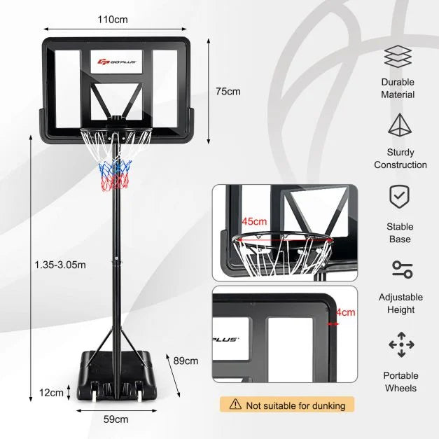 Portable Basketball Hoop with 1.35–3.05m Adjustable Height