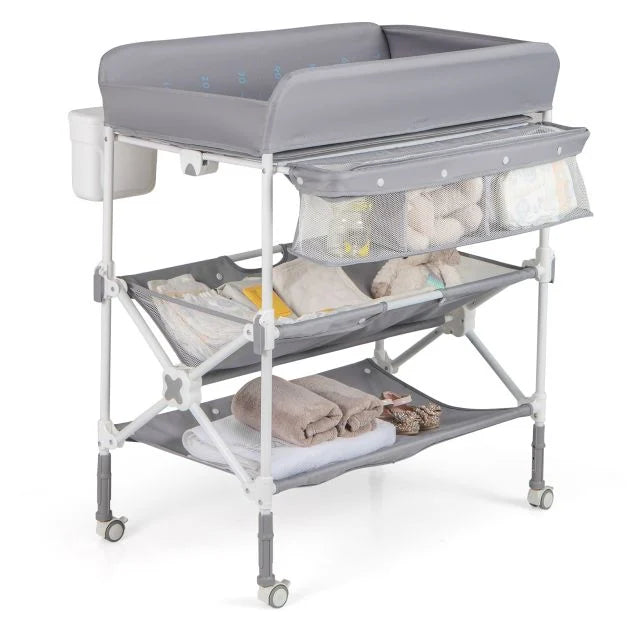 Baby Changing Table with Foldable Design, Wheels, and Adjustable Height