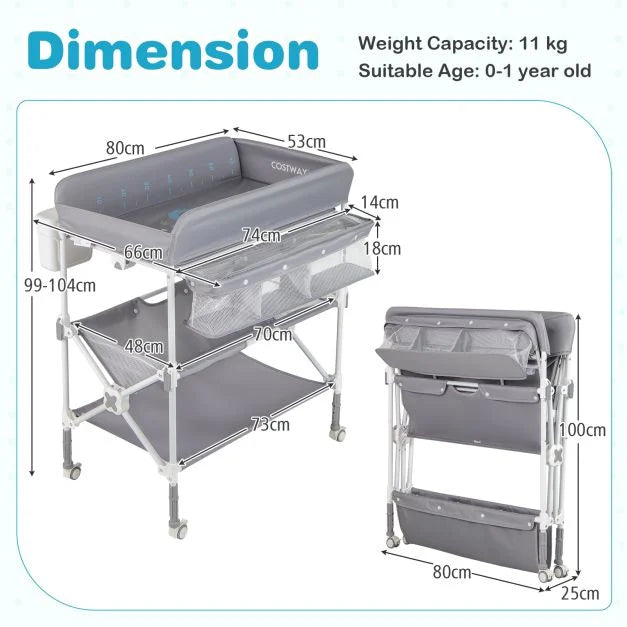 Baby Changing Table with Foldable Design, Wheels, and Adjustable Height