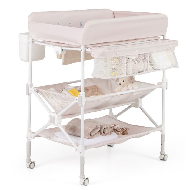 Baby Changing Table with Foldable Design, Wheels, and Adjustable Height