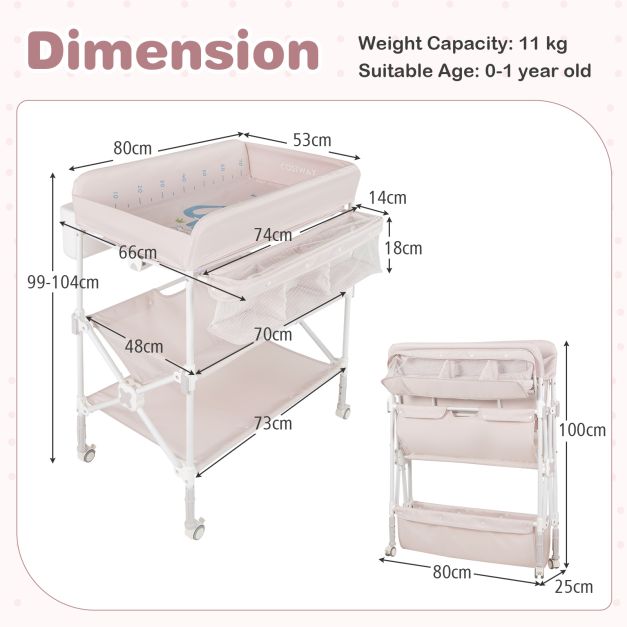 Baby Changing Table with Foldable Design, Wheels, and Adjustable Height