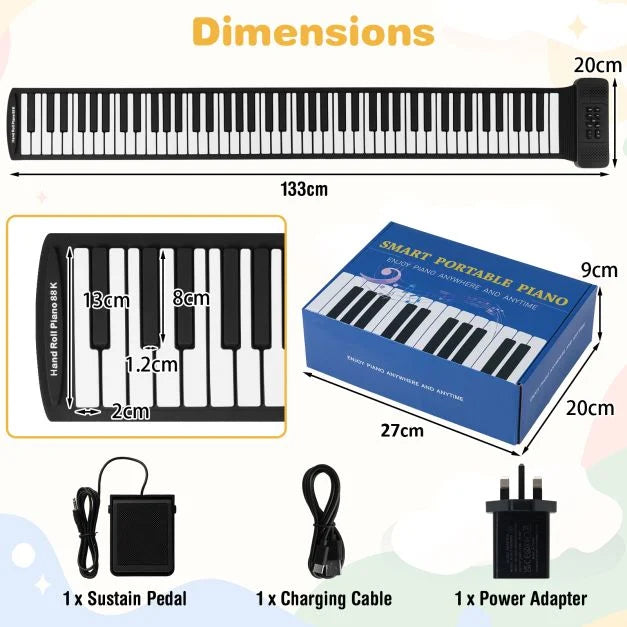 Hand Roll-Up Portable Piano Keyboard with 128 Built-In Rhythms