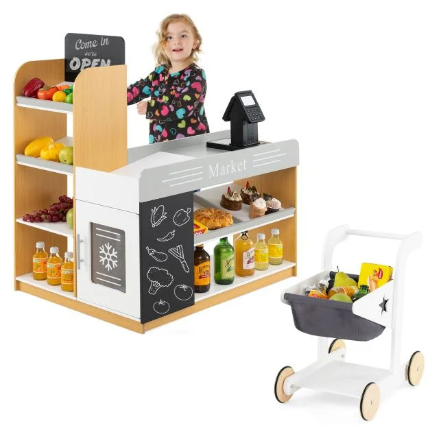 Pretend Play Grocery Store Set with Shopping Cart & 2 Chalkboards