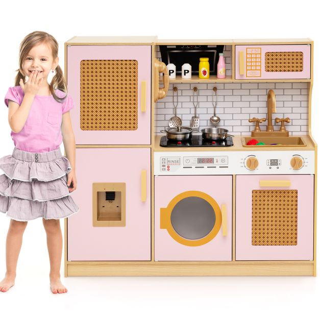 Wooden Kids Kitchen Playset with Realistic Stove, Lights, Sounds & Water