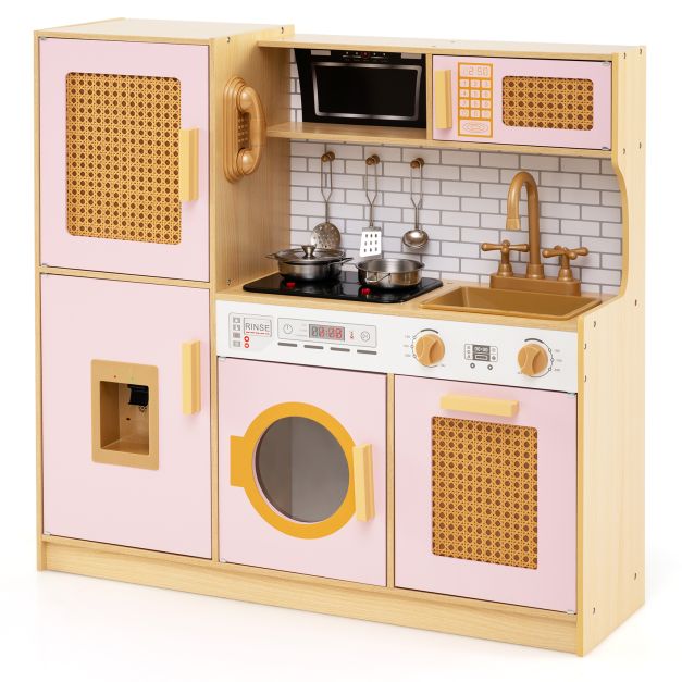 Wooden Kids Kitchen Playset with Realistic Stove, Lights, Sounds & Water