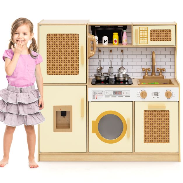 Wooden Kids Kitchen Playset with Realistic Stove, Lights, Sounds & Water