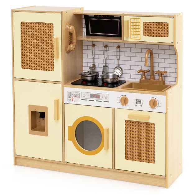 Wooden Kids Kitchen Playset with Realistic Stove, Lights, Sounds & Water