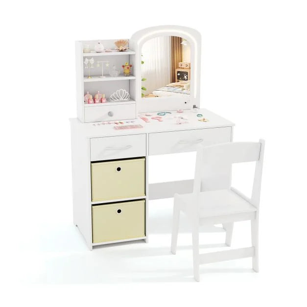 Kids Light-Up Vanity Set with Mirror and Organized Drawers