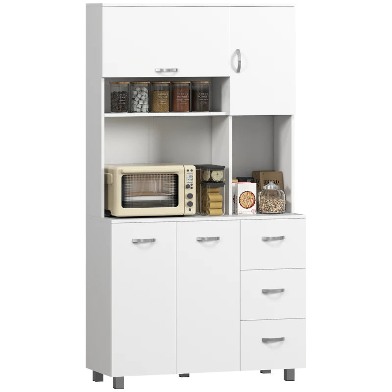 183cm White Kitchen Cupboard with Drawers, Doors & Open Shelves