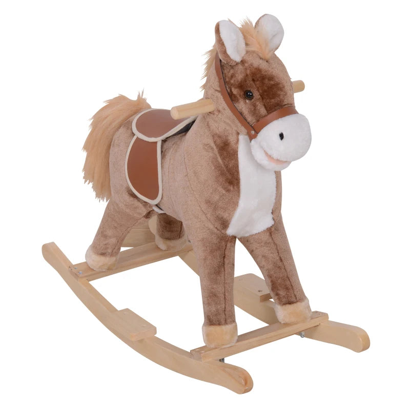 Brown & White Plush Rocking Horse Ride-On with Wooden Base and Handle for Ages 3+