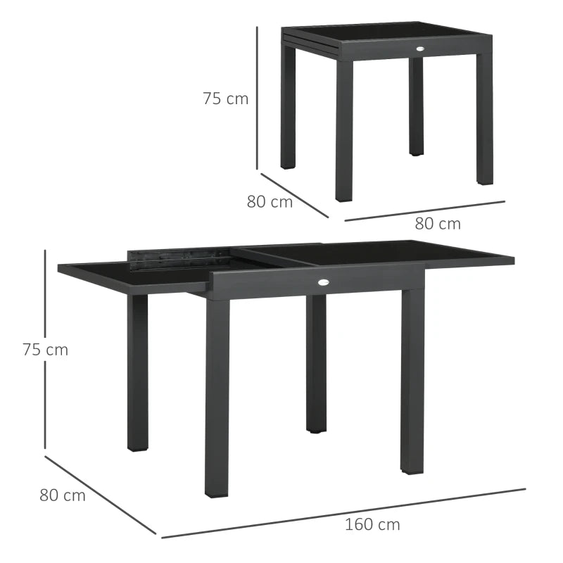 Outdoor Aluminium Extending Table with Black Tempered Glass Top, 80/160x80x75cm