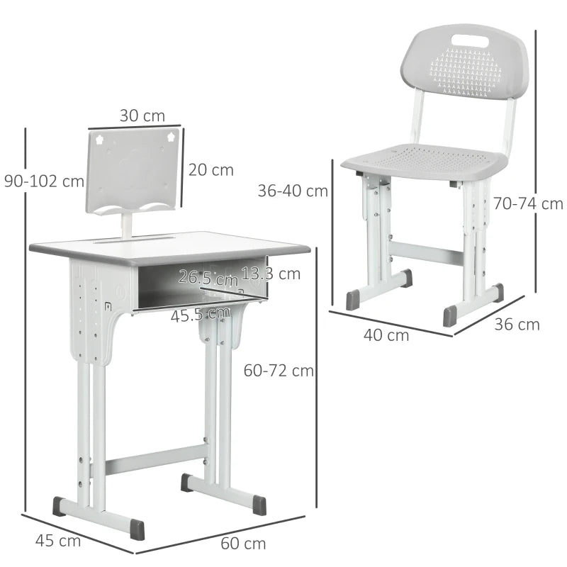 Grey Kids Desk & Chair Set, Adjustable with Book Stand & Pen Slot