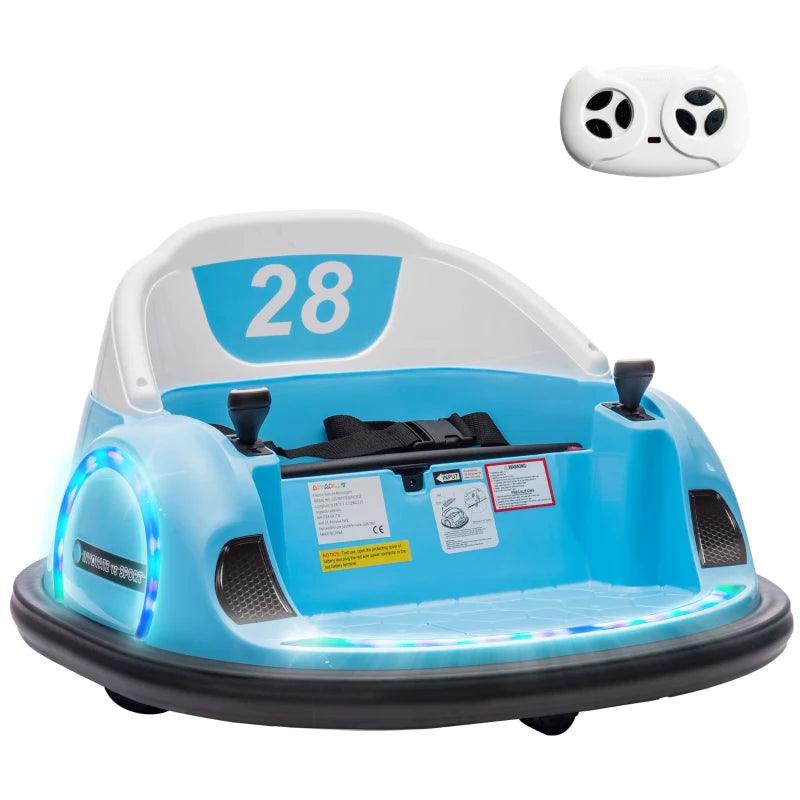 360° Rotating Kids Bumper Car 12V with Remote Control, Music & Lights – Light Blue